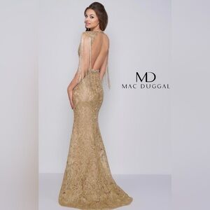 Mac Duggal Gold Fringe Sleeve Dress- Size 2